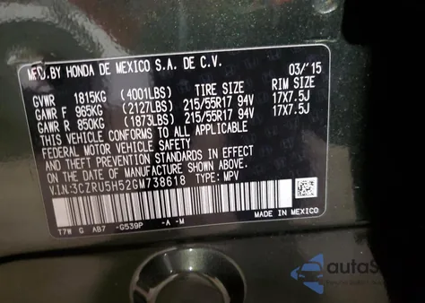 2016 Honda Hr-V Ex from USA, damaged, VIN 3CZRU5H52GM738618